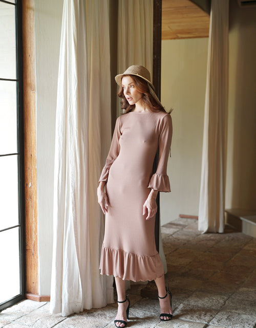 Load image into Gallery viewer, MARJORIE Ruffle Rib Dress, in Camel Brown by BrunnaCo
