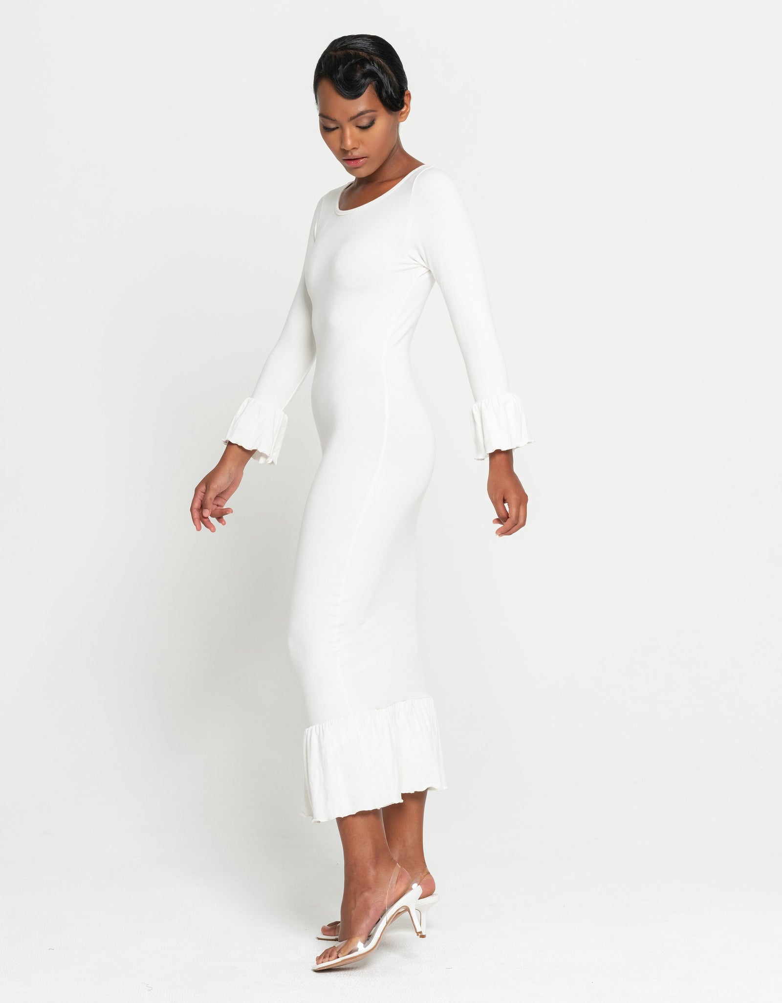 MARJORIE Bamboo Ruffle Dress, in Off-white by BrunnaCo