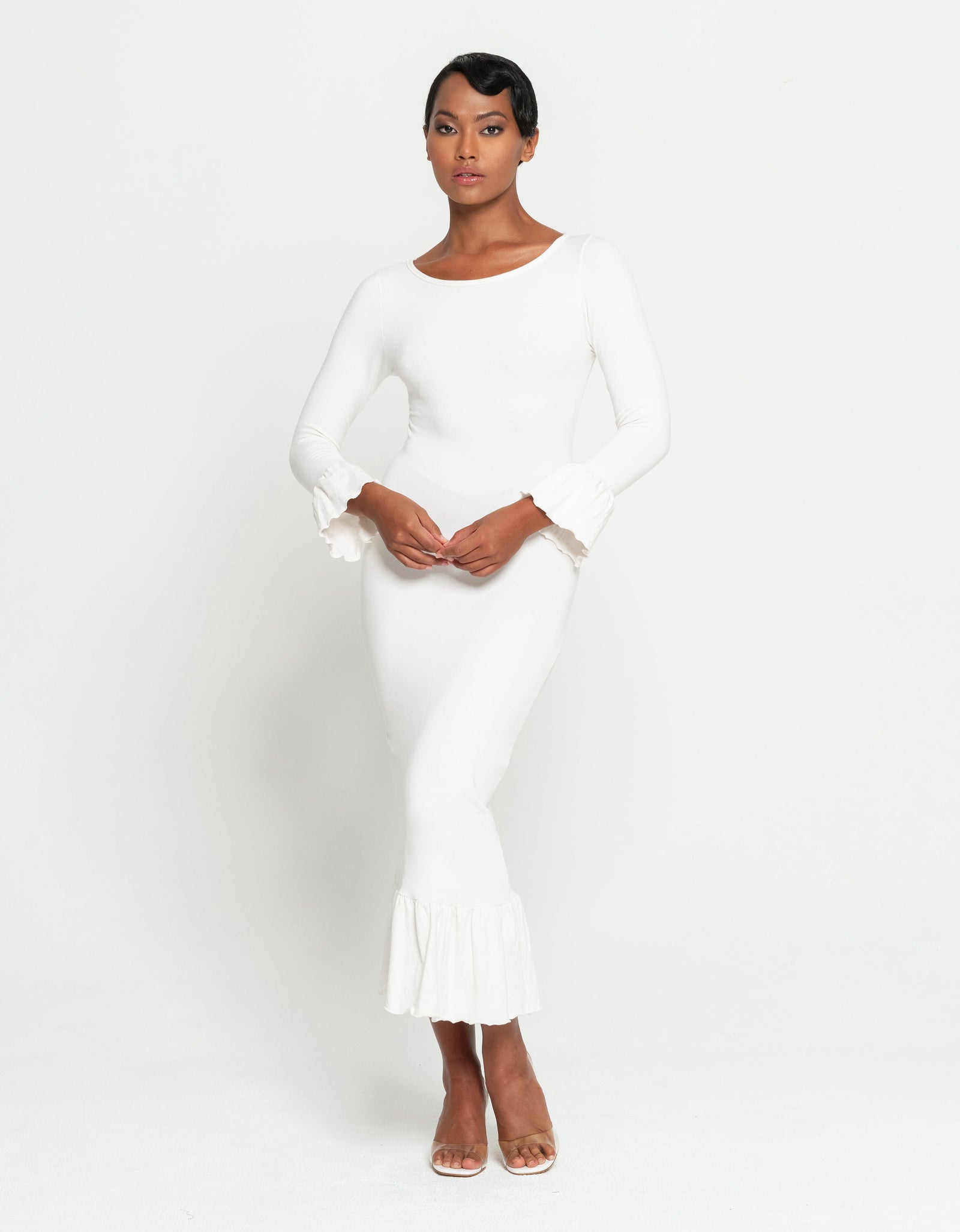 MARJORIE Bamboo Ruffle Dress, in Off-white by BrunnaCo