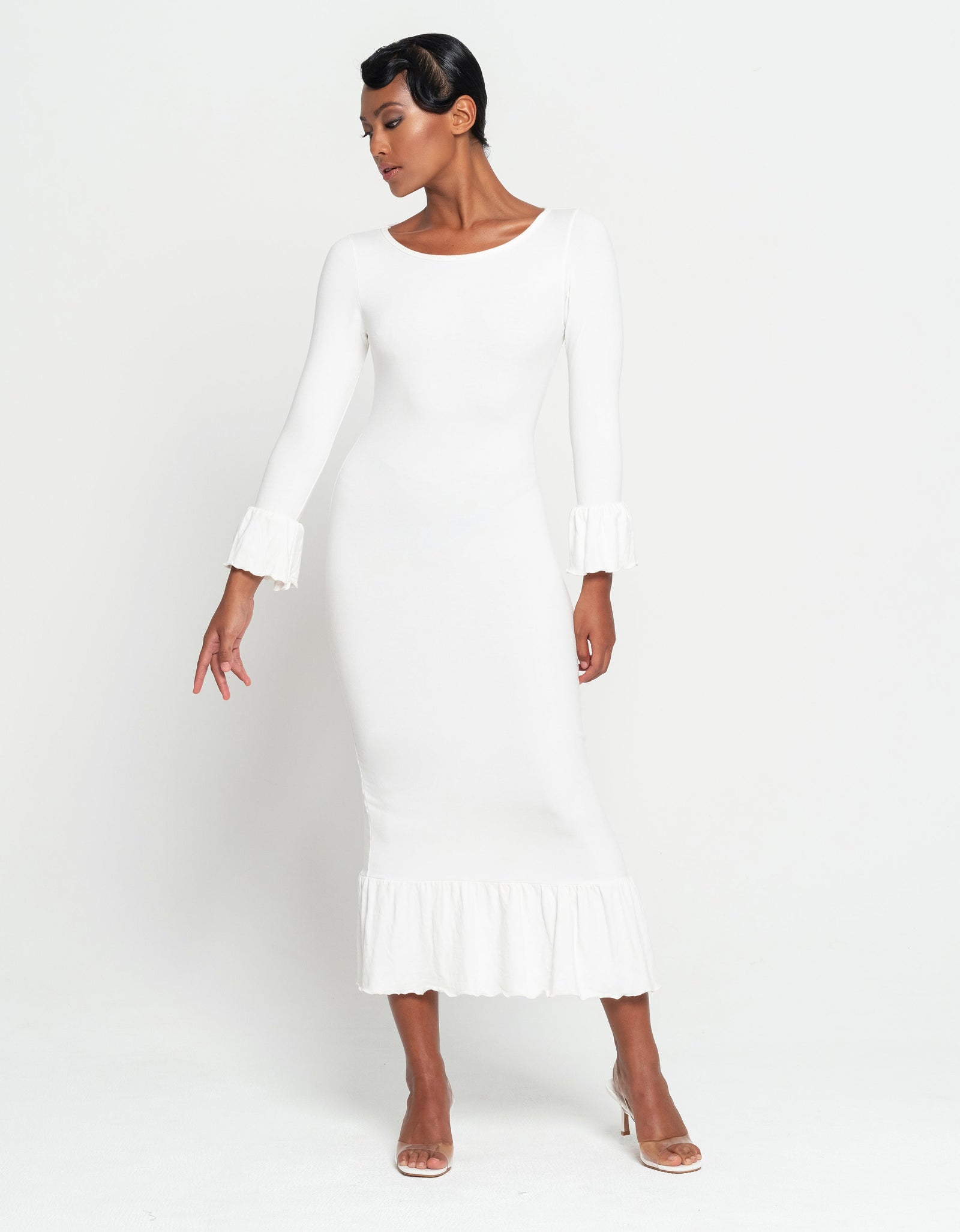 MARJORIE Bamboo Ruffle Dress, in Off-white by BrunnaCo