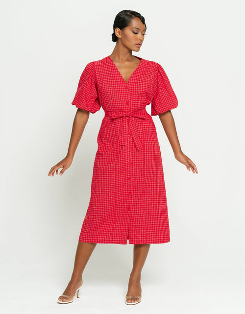 Load image into Gallery viewer, MEGHAN Gingham Hemp Midi Dress, in Scarlet red by BrunnaCo
