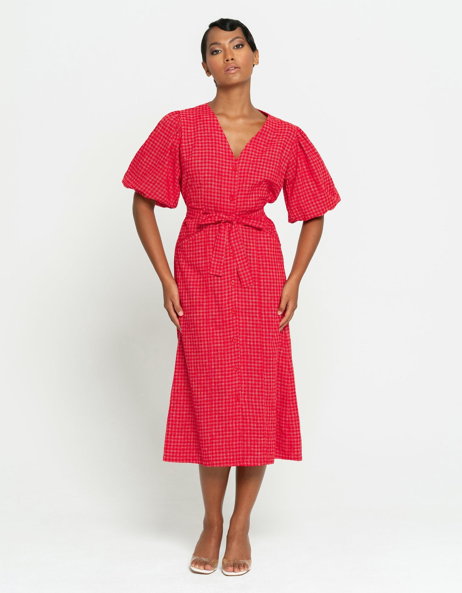 MEGHAN Gingham Hemp Midi Dress, in Scarlet red by BrunnaCo