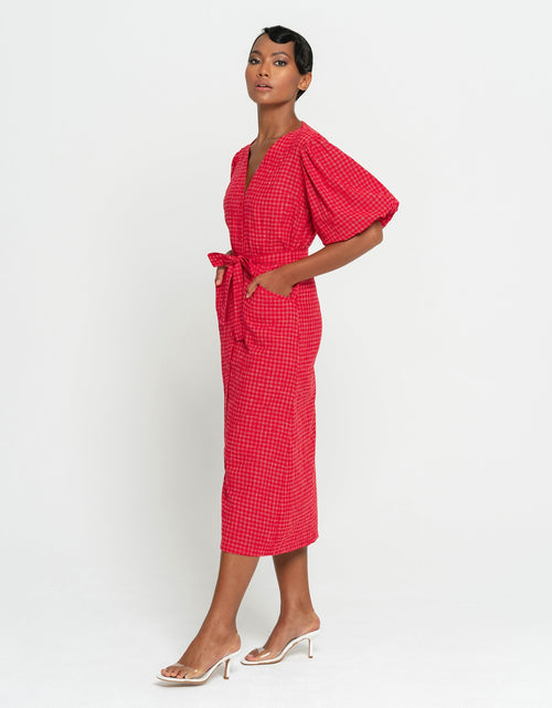 Load image into Gallery viewer, MEGHAN Gingham Hemp Midi Dress, in Scarlet red by BrunnaCo
