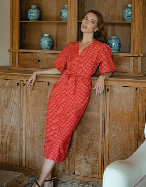 Load image into Gallery viewer, MEGHAN Gingham Hemp Midi Dress, in Scarlet red by BrunnaCo
