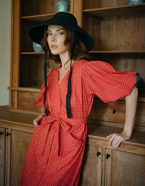 Load image into Gallery viewer, MEGHAN Gingham Hemp Midi Dress, in Scarlet red by BrunnaCo
