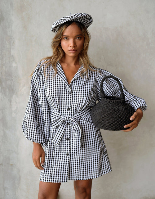 Load image into Gallery viewer, MEGHAN Mini Gingham Dress, in Black by BrunnaCo
