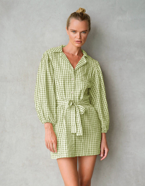 Load image into Gallery viewer, MEGHAN Mini Gingham Dress, in Lime Green by BrunnaCo
