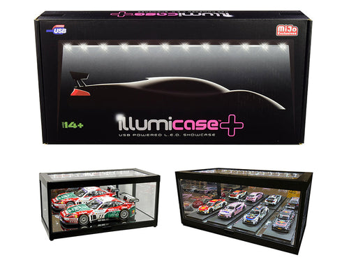 Load image into Gallery viewer, Black Collectible Display Show Case Illumicase+ with LED Lights and Mirror Base and Back for 1/64 1/43 1/32 1/24 1/18 Scale Models by Illumibox
