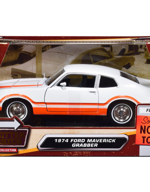 Load image into Gallery viewer, 1974 Ford Maverick Grabber White with Orange Stripes "Forgotten Classics" Series 1/24 Diecast Model Car by Motormax
