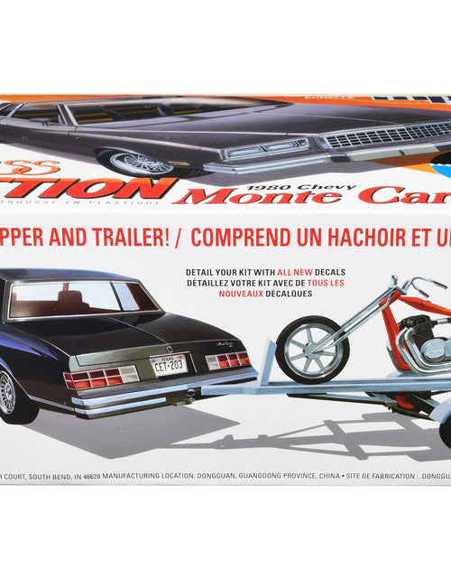 Load image into Gallery viewer, Skill 2 Model Kit 1980 Chevrolet Monte Carlo "Class Action" with Motorcycle and Trailer (Skill 2) 1/25 Scale Model Car by MPC
