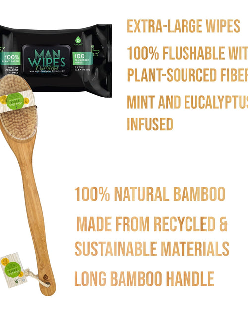 Load image into Gallery viewer, Clean &amp; Refresh Bundle: 1200 Flushable Man Wipes (Mint Scented) - 12 Pack + Bath Body Brush With Long Bamboo Handle by Pursonic
