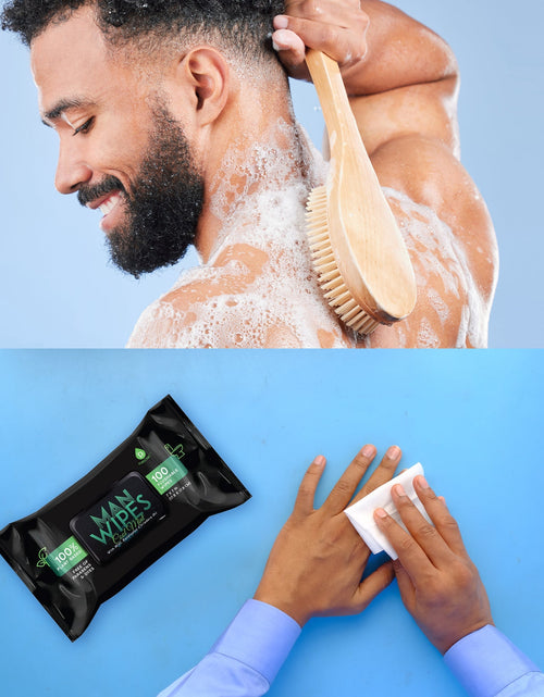 Load image into Gallery viewer, Clean &amp; Refresh Bundle: 1200 Flushable Man Wipes (Mint Scented) - 12 Pack + Bath Body Brush With Long Bamboo Handle by Pursonic
