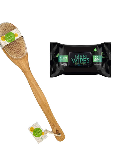 Load image into Gallery viewer, Clean &amp; Refresh Bundle: 1200 Flushable Man Wipes (Mint Scented) - 12 Pack + Bath Body Brush With Long Bamboo Handle by Pursonic
