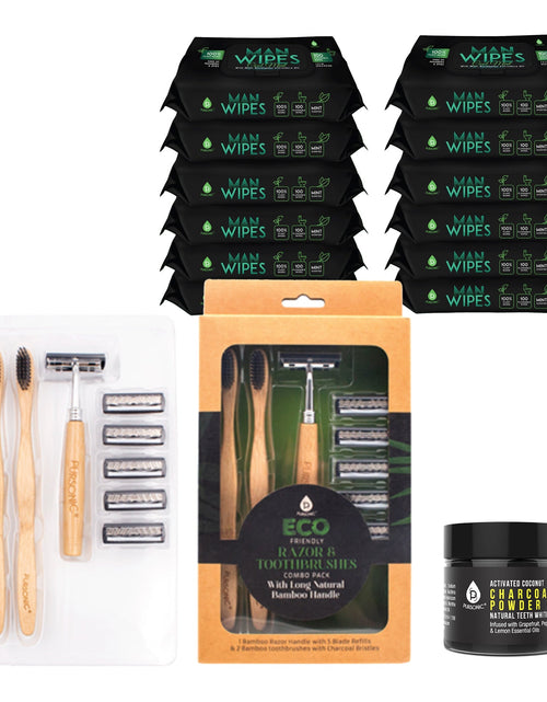 Load image into Gallery viewer, Grooming Essentials Bundle: Eco-Friendly Razor + Flushable Man Wipes + Activated Coconut Charcoal Powder by Pursonic

