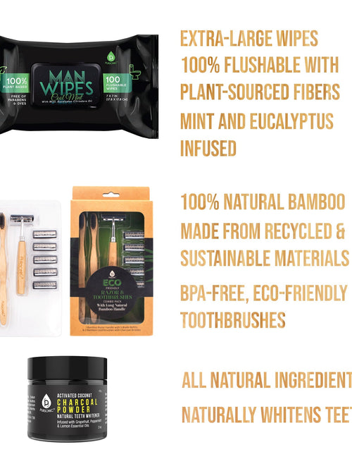 Load image into Gallery viewer, Grooming Essentials Bundle: Eco-Friendly Razor + Flushable Man Wipes + Activated Coconut Charcoal Powder by Pursonic
