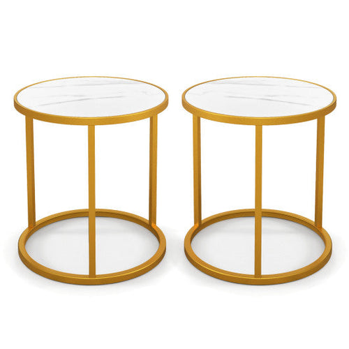 Load image into Gallery viewer, Marble Top Round Side Table 16-Inch End Table with Golden Metal Frame-2 Pieces
