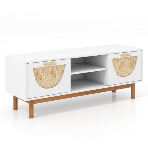 Load image into Gallery viewer, Mid Century Modern TV Stand Entertainment Center for 55-Inch TV with 2 Drawers and Bamboo Woven Fronts-White
