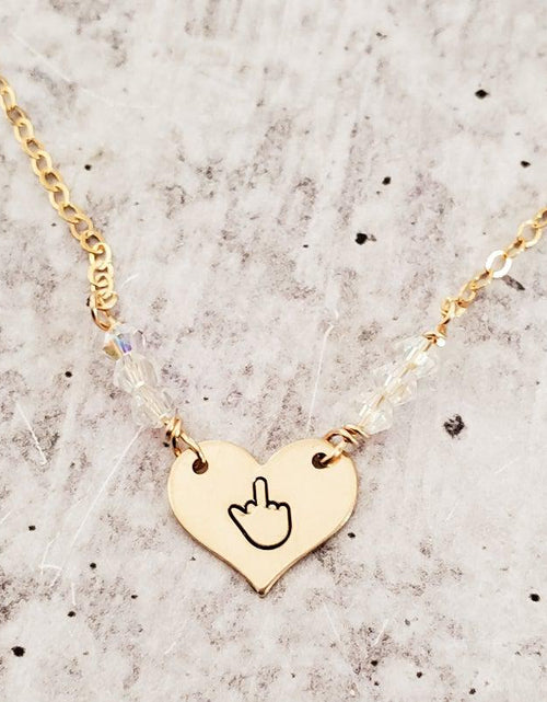Load image into Gallery viewer, Middle Finger Heart Necklace with Crystal Accents by Salt and Sparkle
