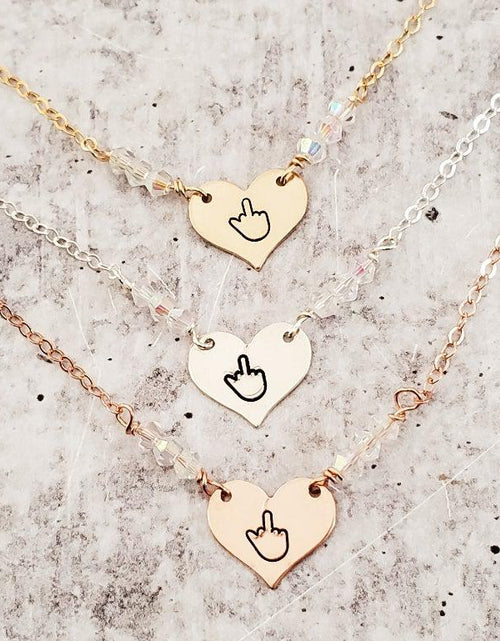 Load image into Gallery viewer, Middle Finger Heart Necklace with Crystal Accents by Salt and Sparkle
