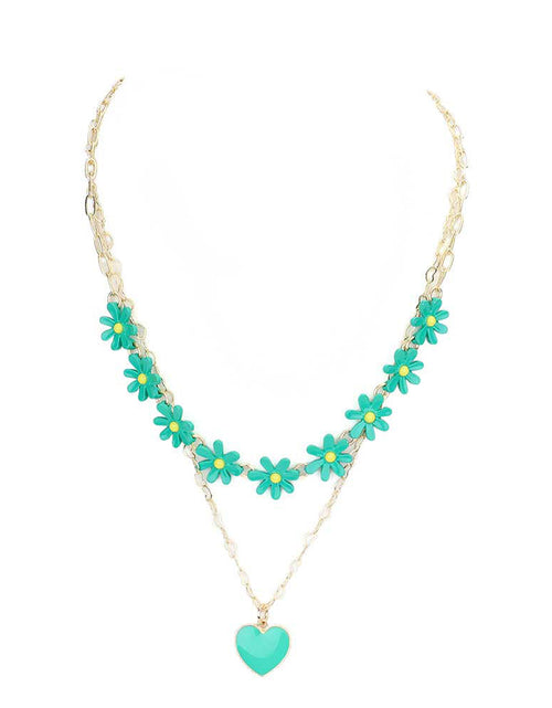 Load image into Gallery viewer, Enamel Heart Pendant Flower Link Double Layered Necklace by Madeline Love
