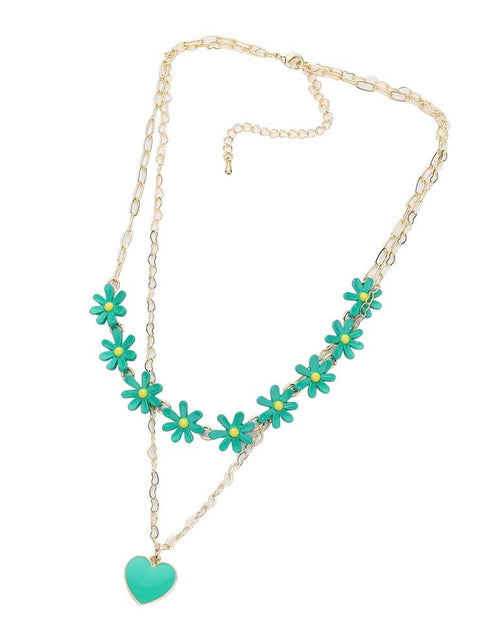 Load image into Gallery viewer, Enamel Heart Pendant Flower Link Double Layered Necklace by Madeline Love
