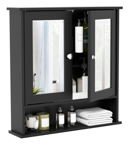 Double Door Wall-Mounted Bathroom Mirror Cabinet with Storage Shelf-Black