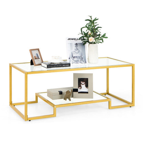 Load image into Gallery viewer, Modern 2-Tier Rectangular Coffee Table with Glass Table Top-Golden
