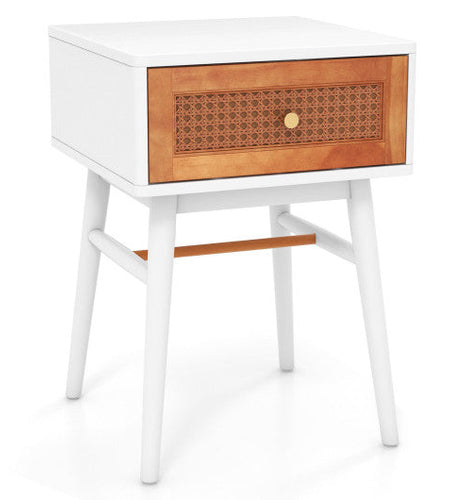 1-Drawer Modern Bedside Table with Solid Wood Legs-White
