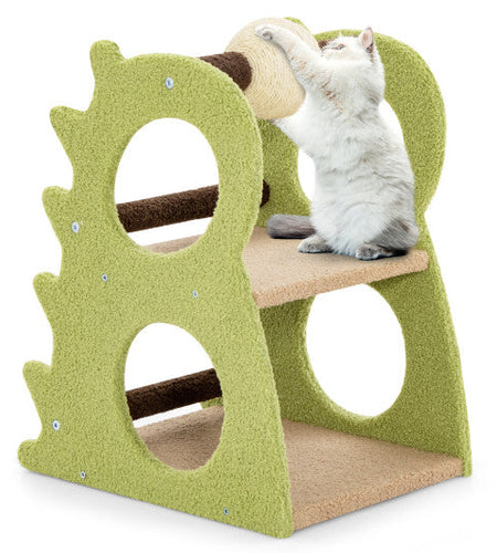 2-Tier Modern Cat Tree for Indoor Cats with Rotatable Sisal Scratching Ball-Green