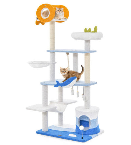 Multi-level Ocean-themed Cat Tree Tower with Sisal Covered Scratching Posts-Blue