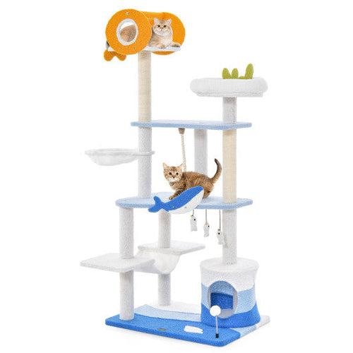 Load image into Gallery viewer, Multi-level Ocean-themed Cat Tree Tower with Sisal Covered Scratching Posts-Blue
