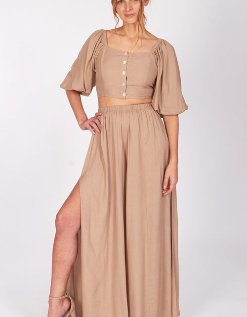 Load image into Gallery viewer, Almond Puff Sleeve Carolina Crop Top and Pants by LUVMEMORE
