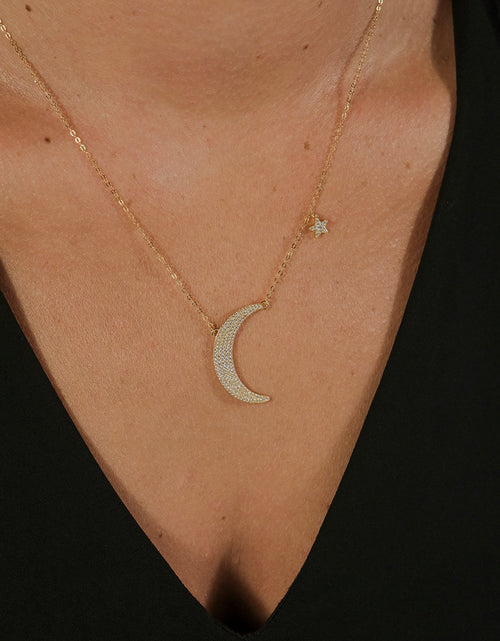 Load image into Gallery viewer, Sterling Silver CZ Crescent &amp; Star Charm Necklace by Sterling Forever
