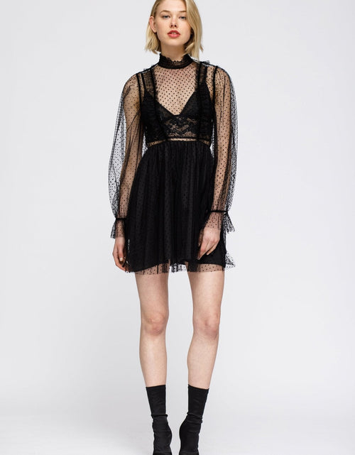 Load image into Gallery viewer, Women's Polka Dot Mesh Smocked Neck Flare Dress In Black by Shop at Konus
