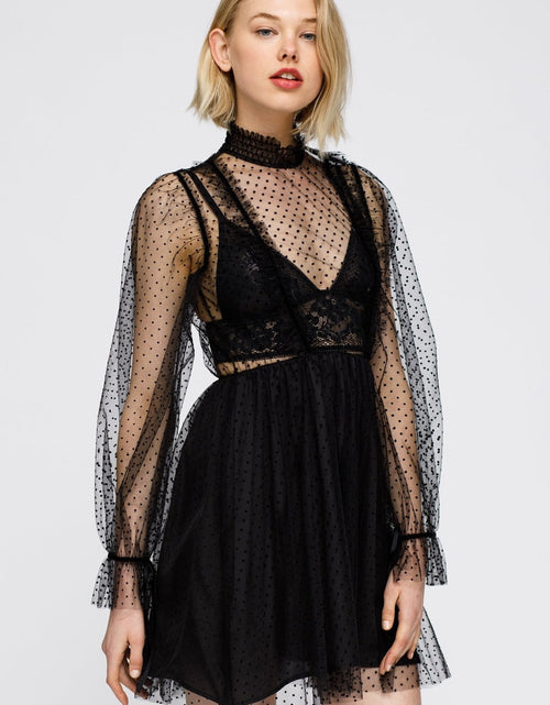 Load image into Gallery viewer, Women's Polka Dot Mesh Smocked Neck Flare Dress In Black by Shop at Konus
