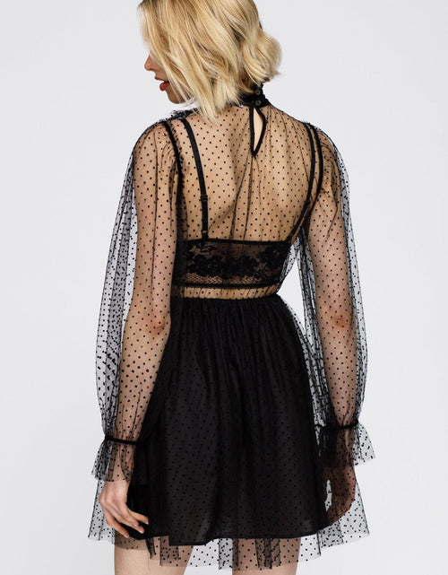 Load image into Gallery viewer, Women's Polka Dot Mesh Smocked Neck Flare Dress In Black by Shop at Konus
