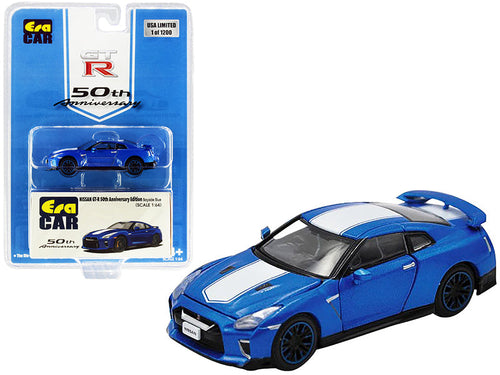 Load image into Gallery viewer, Nissan GT-R RHD (Right Hand Drive) Bayside Blue with White Stripe "50th Anniversary Edition" Limited Edition to 1200 pieces 1/64 Diecast Model Car by Era Car

