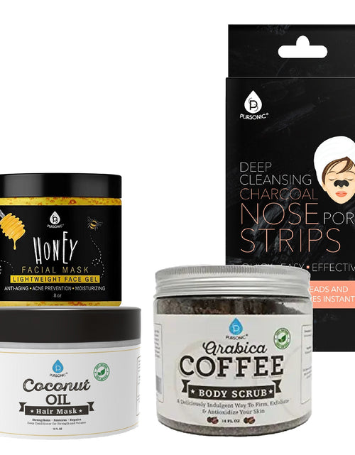Load image into Gallery viewer, Pursonic Pamper &amp; Glow Gift Bundle (6 pack Deep Cleansing Charcoal Nose Pore Strip, 100% Natural Arabica Coffee Body Scrub 14 Oz, 100% Natural Coconut Oil Hair Mask 10 Oz and Honey Facial Mask 8 Oz) by Pursonic
