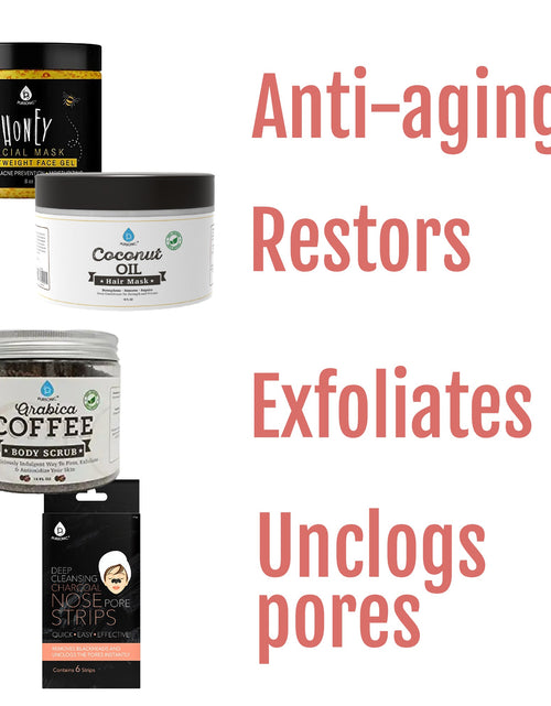 Load image into Gallery viewer, Pursonic Pamper &amp; Glow Gift Bundle (6 pack Deep Cleansing Charcoal Nose Pore Strip, 100% Natural Arabica Coffee Body Scrub 14 Oz, 100% Natural Coconut Oil Hair Mask 10 Oz and Honey Facial Mask 8 Oz) by Pursonic
