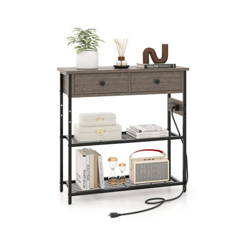 Load image into Gallery viewer, Narrow Console Table with 2 Drawers and 2 Metal Mesh Shelves-Gray
