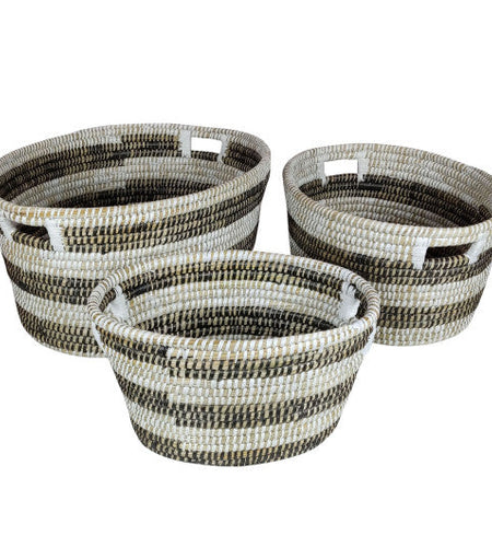Natural Canes Grass Baskets Stackable Storage Bins Set of 3 with Hollowed Handles