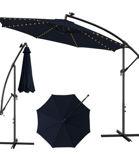 10 Feet Patio Offset Umbrella with 112 Solar-Powered LED Lights-Beige-Navy