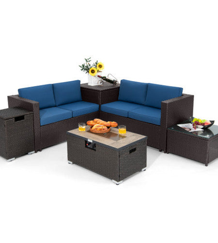 6 Pieces Outdoor Wicker Furniture Set with 32 Inch Propane Fire Pit Table-Navy