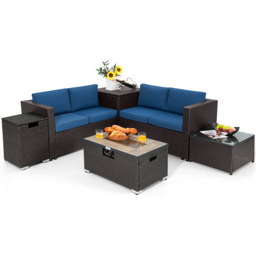 Load image into Gallery viewer, 6 Pieces Outdoor Wicker Furniture Set with 32 Inch Propane Fire Pit Table-Navy
