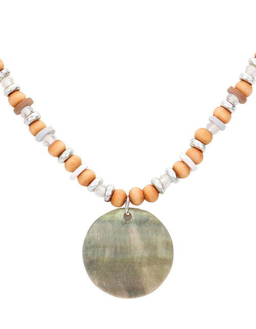 Load image into Gallery viewer, Wood Heishi Beaded Abalone Pendant Necklace by Madeline Love
