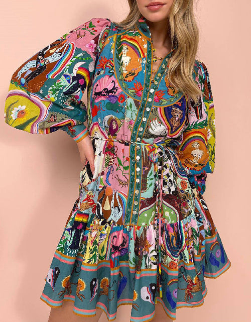 Load image into Gallery viewer, Autumn Winter Long Sleeve Printed Lace up Pleated Dress by BlakWardrob
