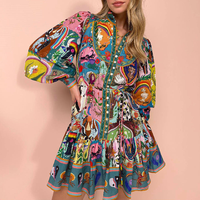 Autumn Winter Long Sleeve Printed Lace up Pleated Dress by BlakWardrob
