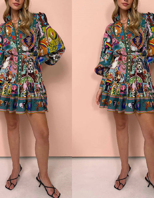 Load image into Gallery viewer, Autumn Winter Long Sleeve Printed Lace up Pleated Dress by BlakWardrob
