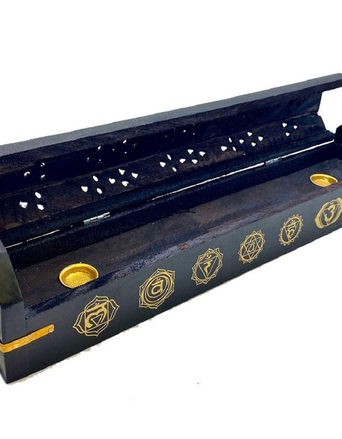 Load image into Gallery viewer, Incense burner wooden Box ~ Chakra Design Ash Catcher with storage by OMSutra

