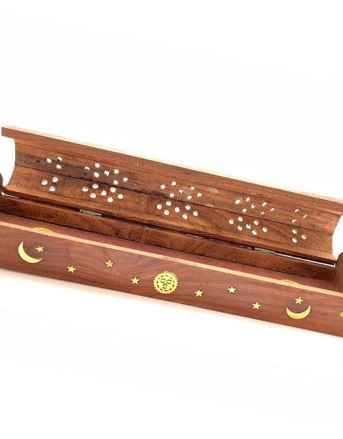 Load image into Gallery viewer, Celestial Wood Incense and cone Burner, Ash Catcher with storage - 18" by OMSutra
